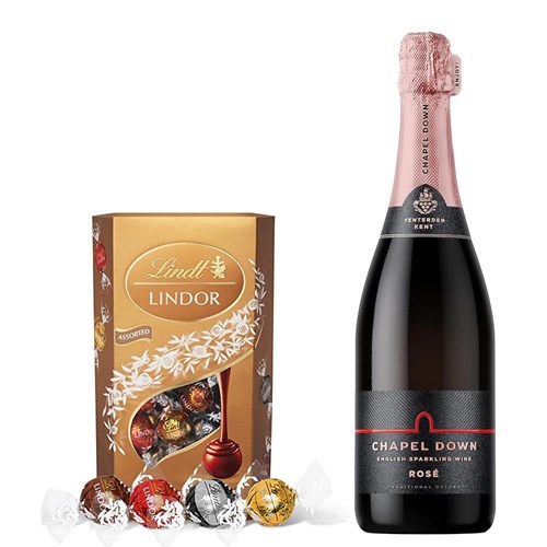 Chapel Down Rose English Sparkling Wine 75cl With Lindt Lindor Assorted Truffles 200g